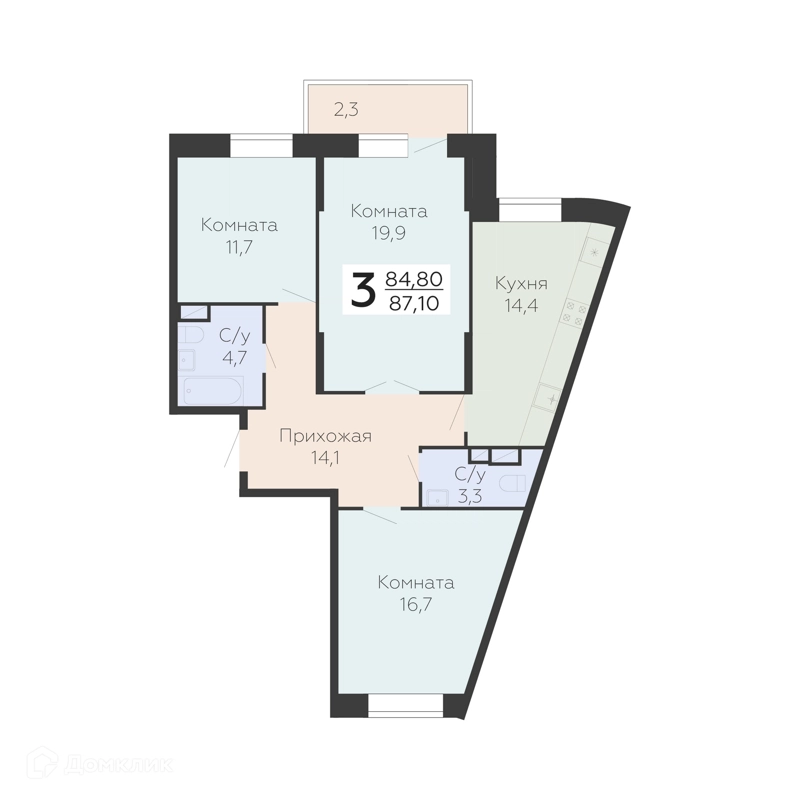 3-комнатная квартира 87.1 м² Онегин