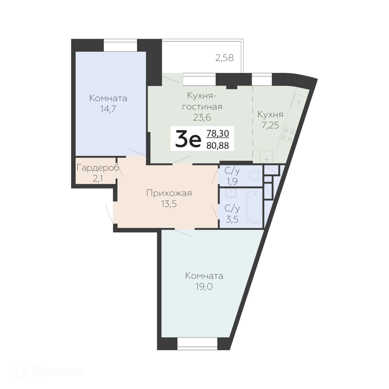 3-комнатная квартира 80.88 м² Онегин