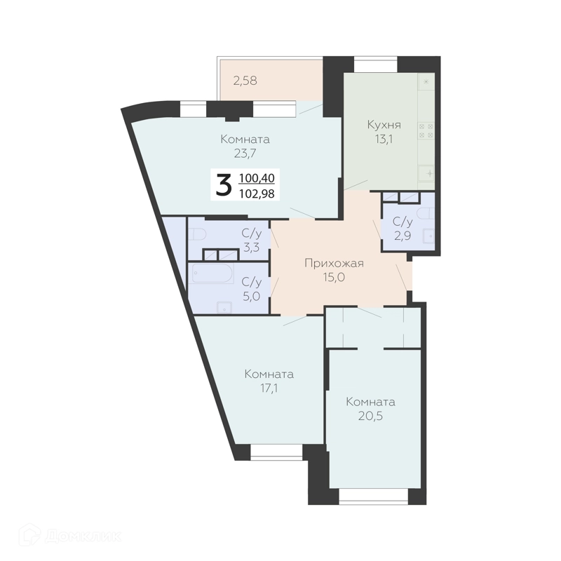 3-комнатная квартира 102.98 м² Онегин