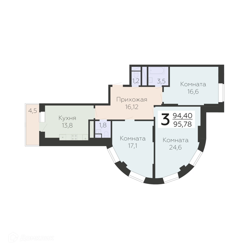 3-комнатная квартира 95.78 м² Онегин
