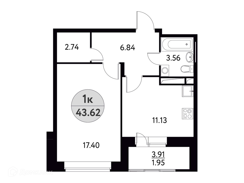 1-комнатная квартира 43.62 м² Солнечная долина