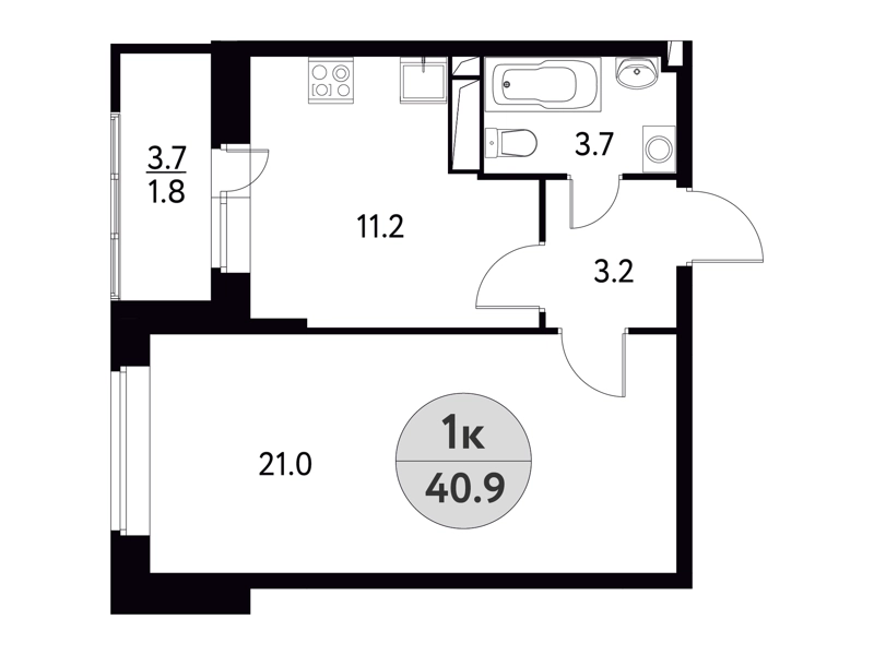 1-комнатная квартира 40.9 м² Солнечная долина