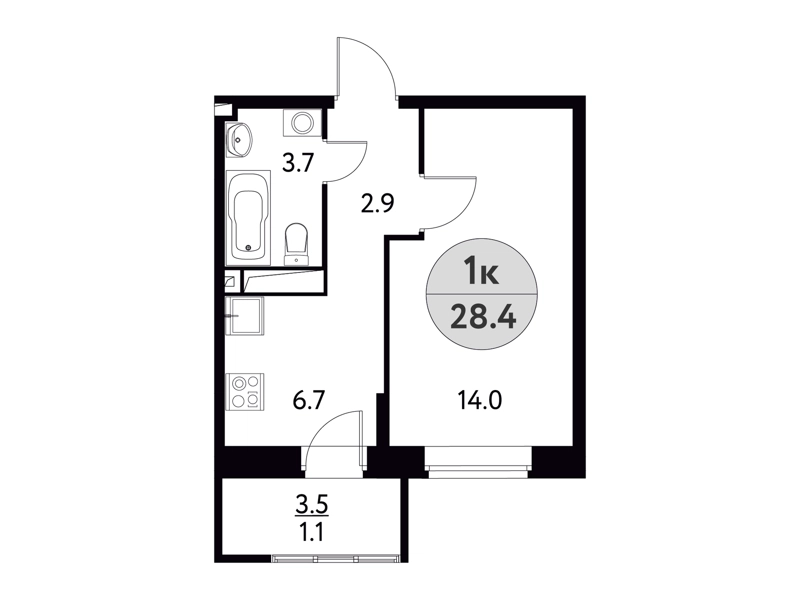1-комнатная квартира 28.4 м² Солнечная долина
