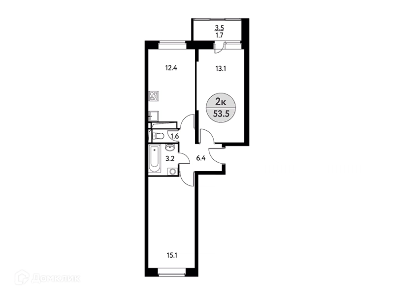 2-комнатная квартира 53.5 м² Солнечная долина