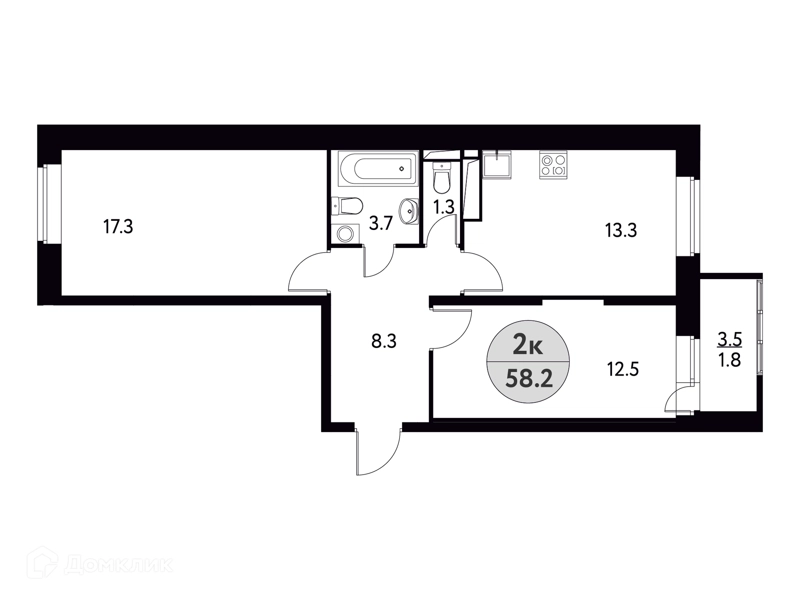 2-комнатная квартира 58.2 м² Солнечная долина