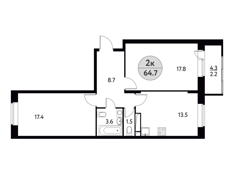 2-комнатная квартира 64.7 м² Солнечная долина