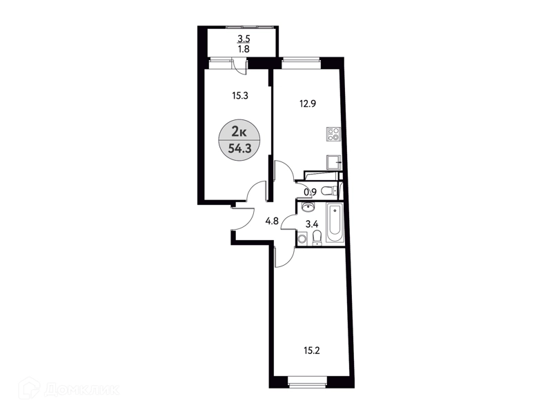 2-комнатная квартира 54.3 м² Солнечная долина