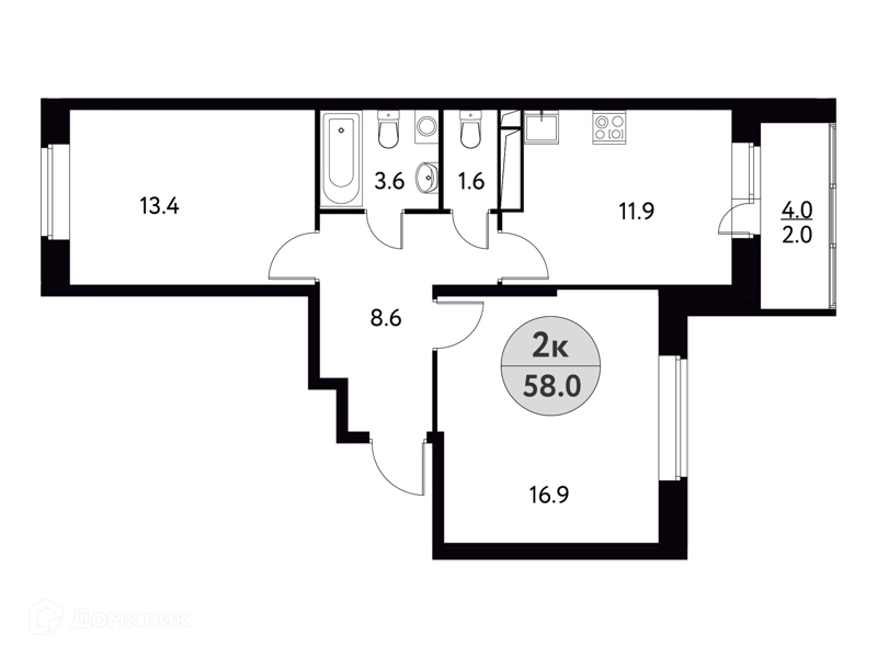 2-комнатная квартира 58 м² Солнечная долина