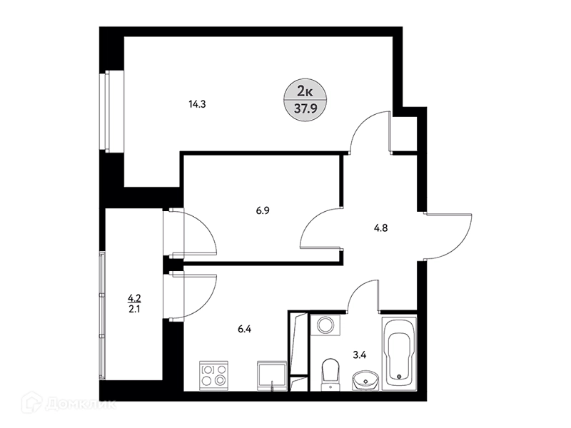 2-комнатная квартира 37.9 м² Солнечная долина