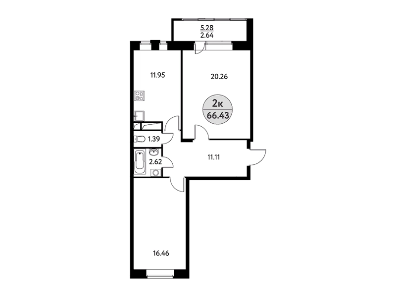 2-комнатная квартира 66.43 м² Солнечная долина
