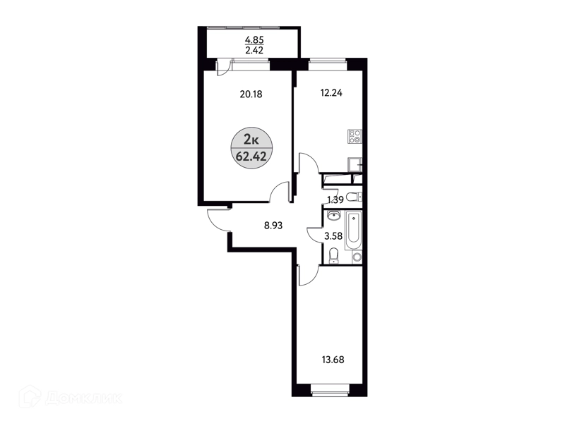 2-комнатная квартира 62.42 м² Солнечная долина