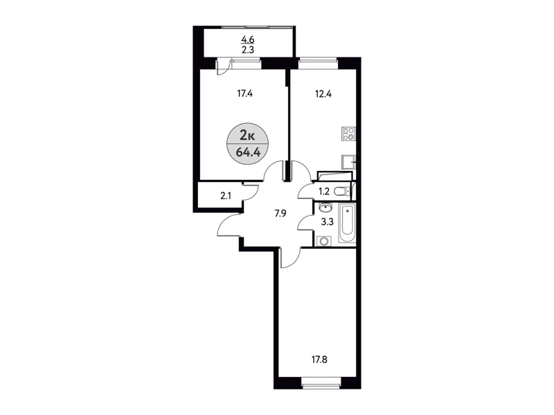 2-комнатная квартира 64.4 м² Солнечная долина