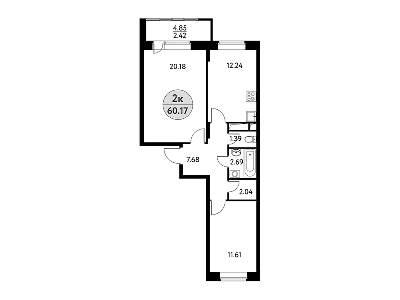 2-комнатная квартира 60.17 м² Солнечная долина