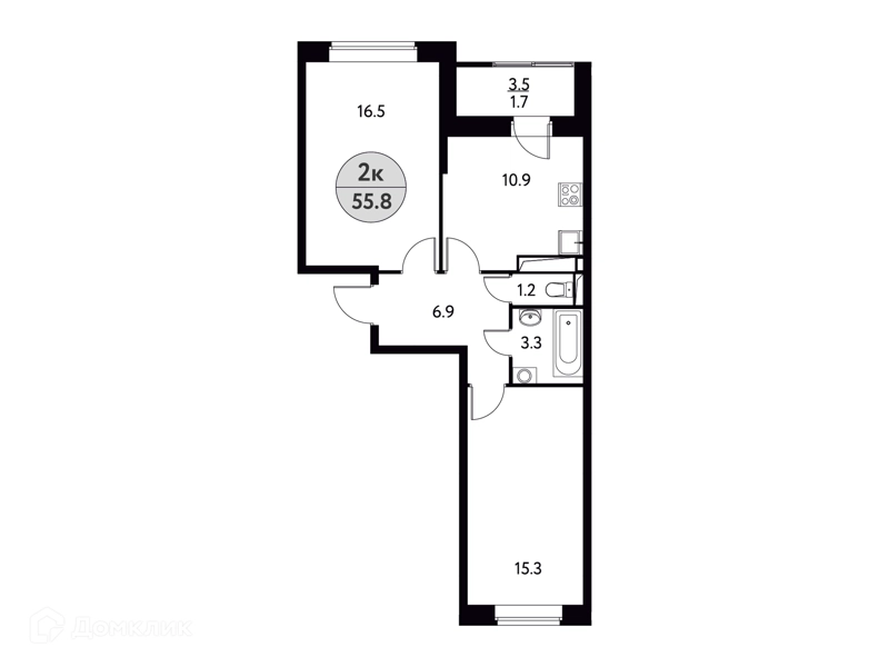 2-комнатная квартира 55.8 м² Солнечная долина
