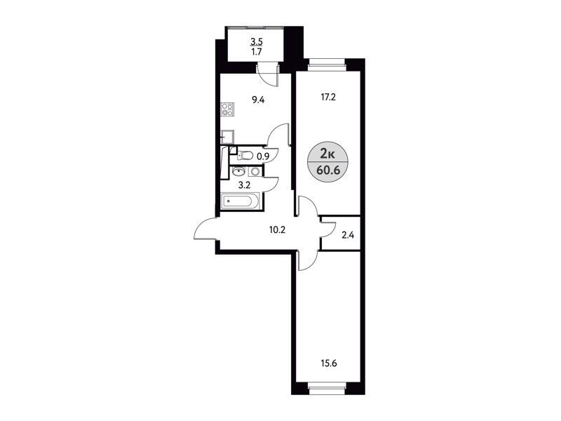 2-комнатная квартира 60.6 м² Солнечная долина