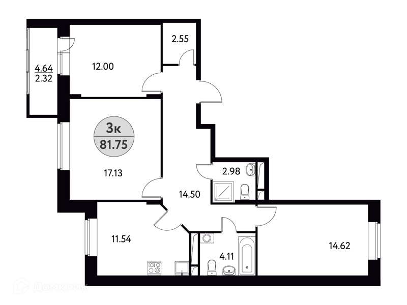 3-комнатная квартира 81.75 м² Солнечная долина
