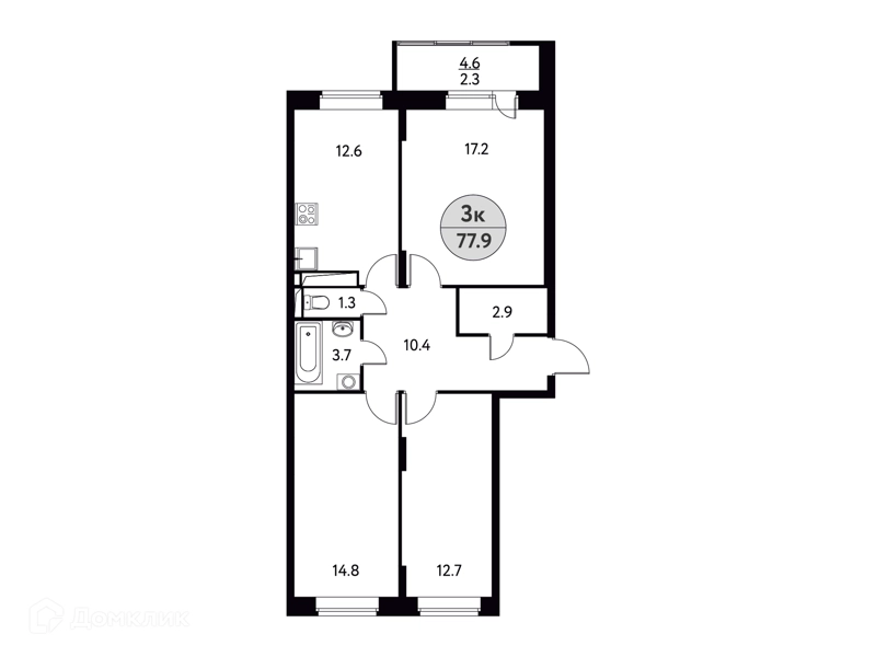 3-комнатная квартира 77.9 м² Солнечная долина