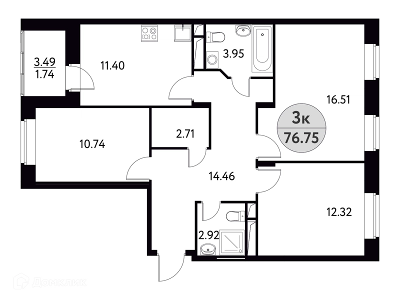 3-комнатная квартира 76.75 м² Солнечная долина