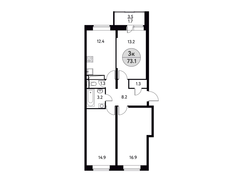 3-комнатная квартира 73.1 м² Солнечная долина
