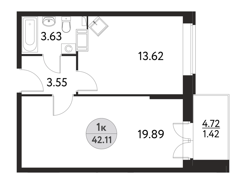 1-комнатная квартира 42.11 м² Дом на Сиреневой
