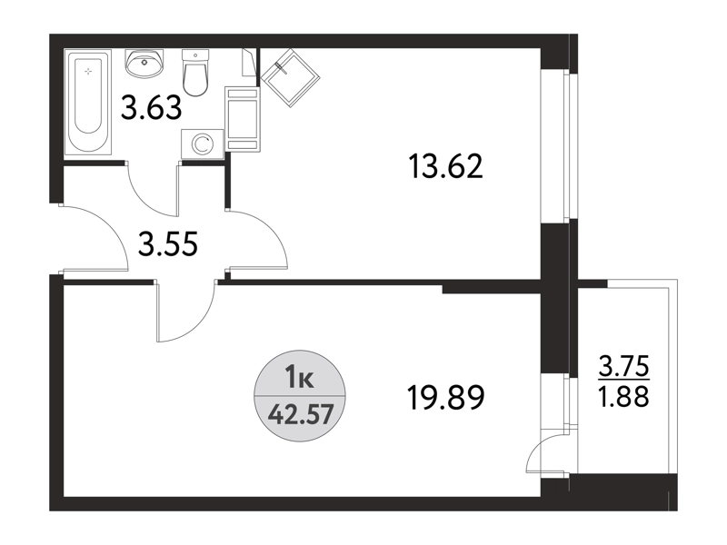 1-комнатная квартира 42.57 м² Дом на Сиреневой