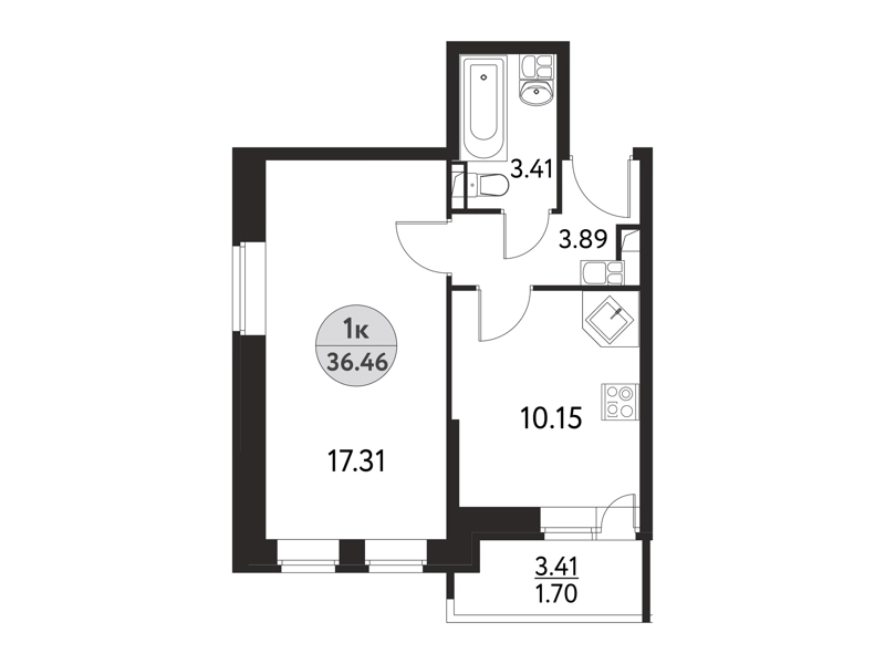 1-комнатная квартира 36.46 м² Дом на Сиреневой