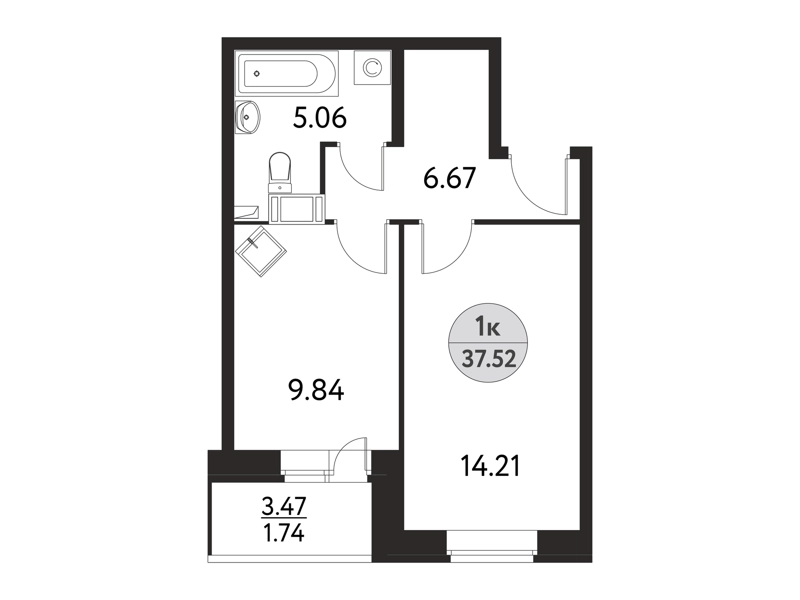 1-комнатная квартира 37.52 м² Дом на Сиреневой