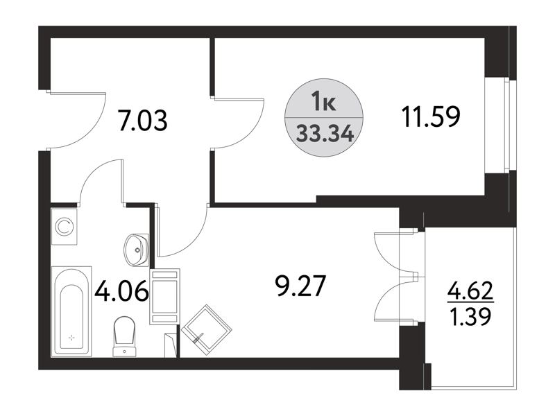 1-комнатная квартира 33.34 м² Дом на Сиреневой