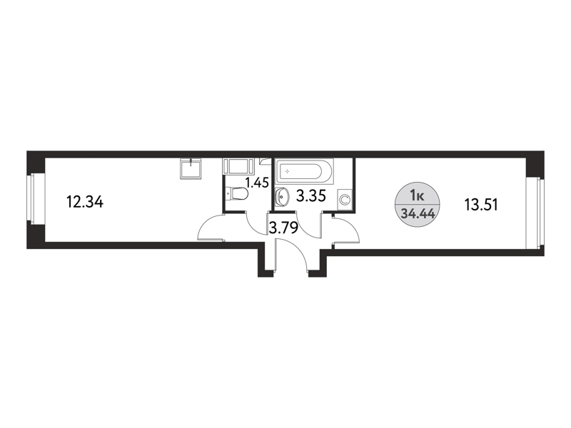 1-комнатная квартира 34.44 м² Дом на Сиреневой