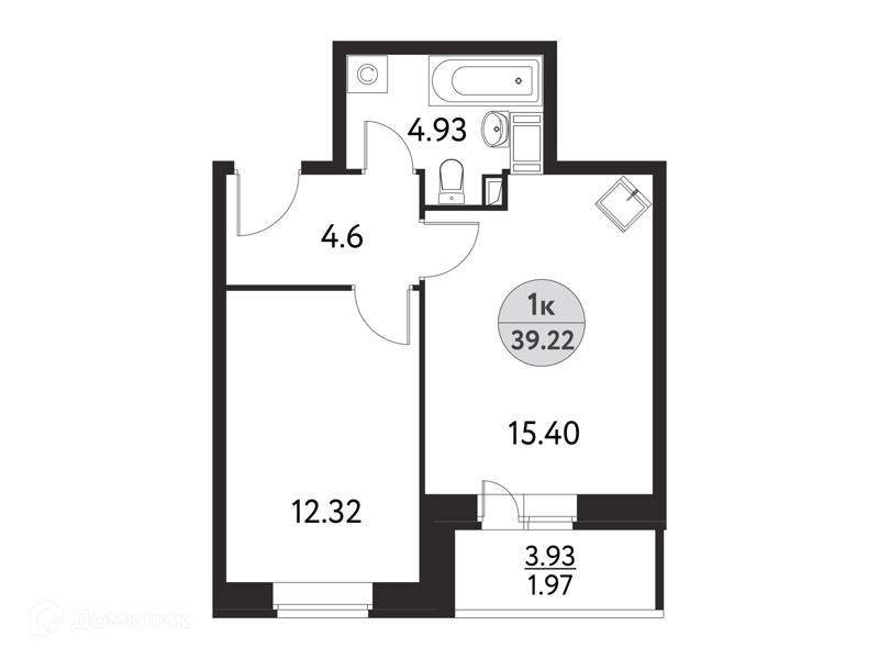 1-комнатная квартира 39.22 м² Дом на Сиреневой