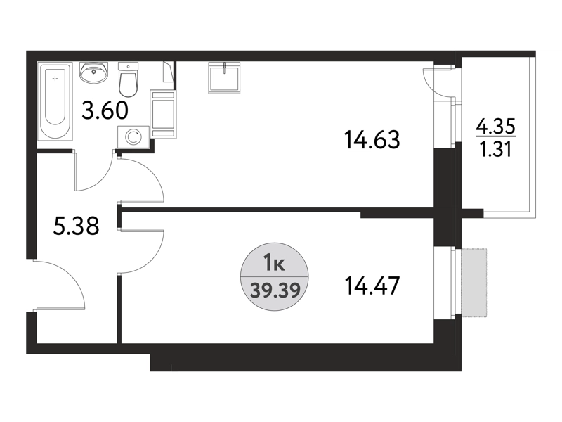 1-комнатная квартира 39.39 м² Дом на Сиреневой