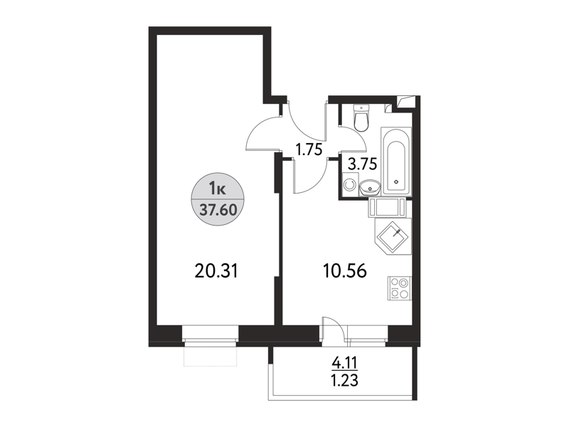 1-комнатная квартира 37.6 м² Дом на Сиреневой