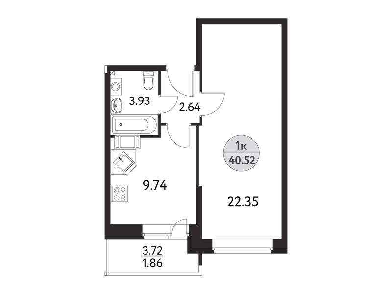 1-комнатная квартира 40.52 м² Дом на Сиреневой