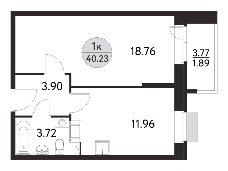1-комнатная квартира 40.23 м² Дом на Сиреневой