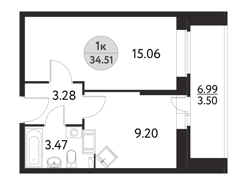 1-комнатная квартира 34.51 м² Дом на Сиреневой
