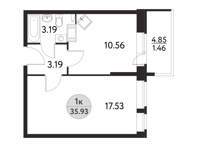 1-комнатная квартира 35.93 м² Дом на Сиреневой
