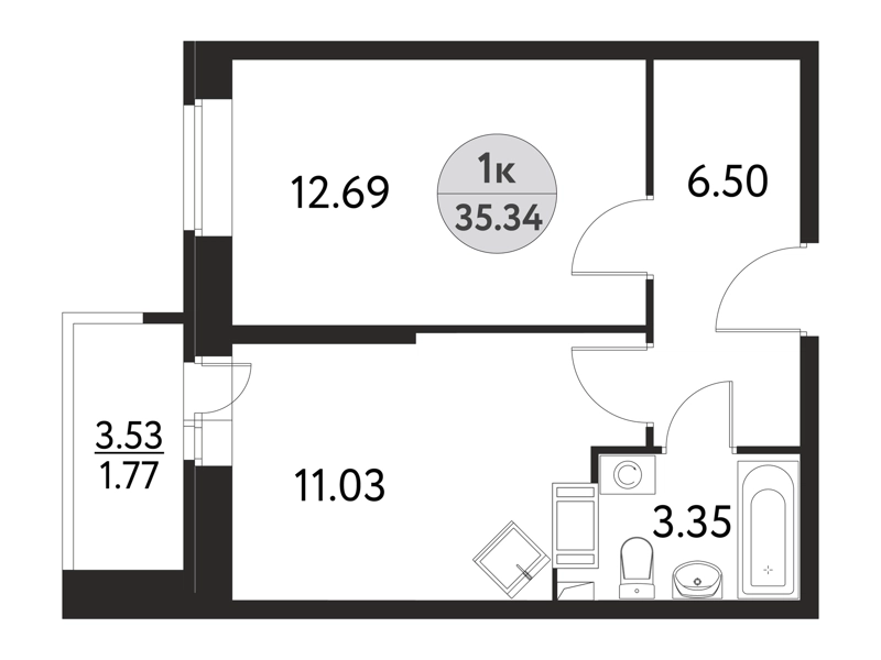 1-комнатная квартира 35.34 м² Дом на Сиреневой