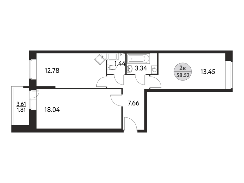 2-комнатная квартира 58.52 м² Дом на Сиреневой