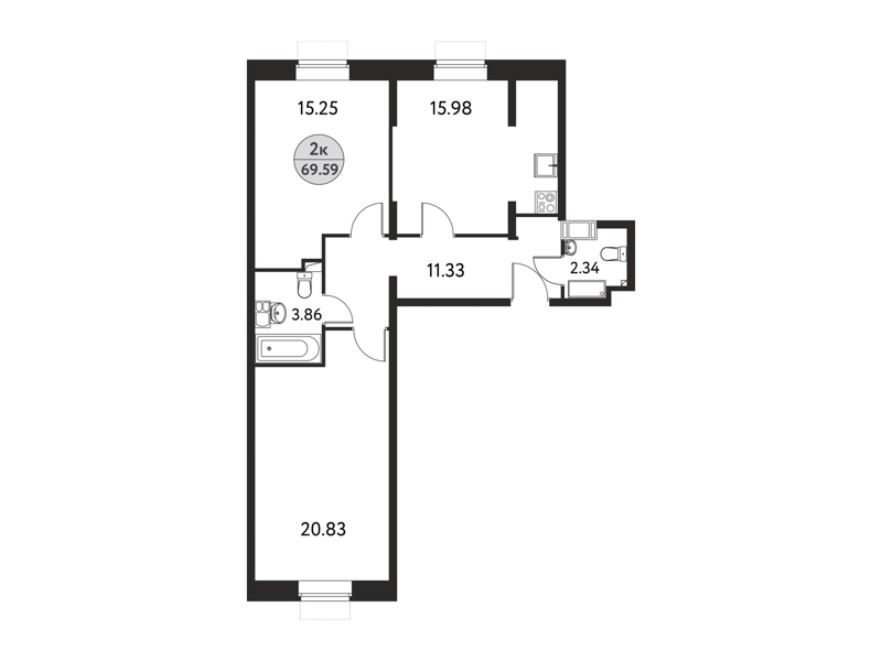 2-комнатная квартира 69.59 м² Дом на Сиреневой