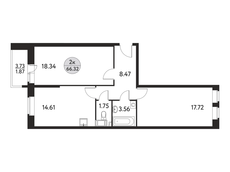 2-комнатная квартира 66.32 м² Дом на Сиреневой