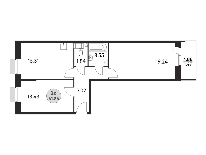2-комнатная квартира 61.86 м² Дом на Сиреневой