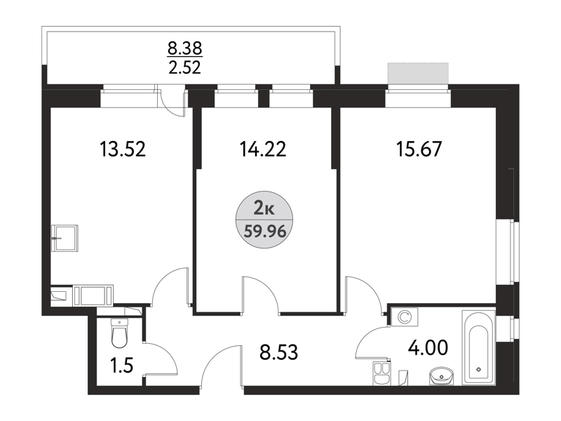 2-комнатная квартира 59.96 м² Дом на Сиреневой