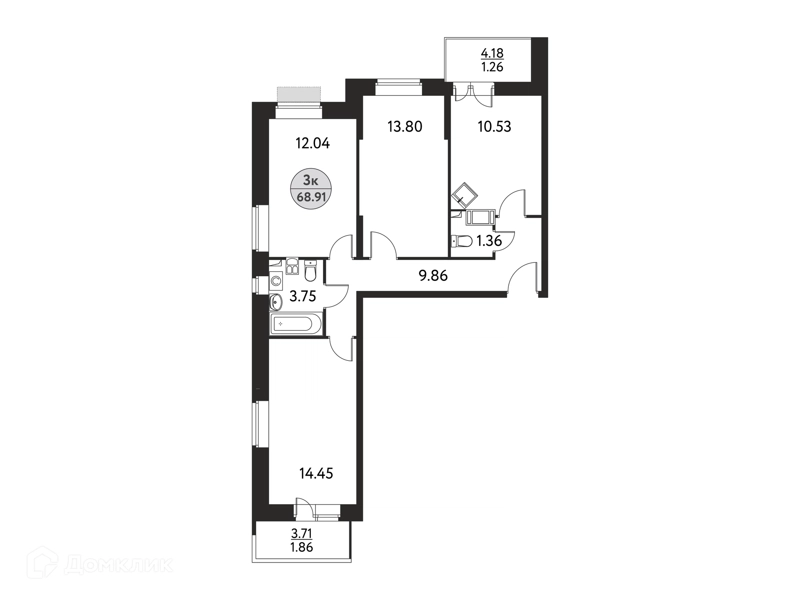 3-комнатная квартира 68.91 м² Дом на Сиреневой
