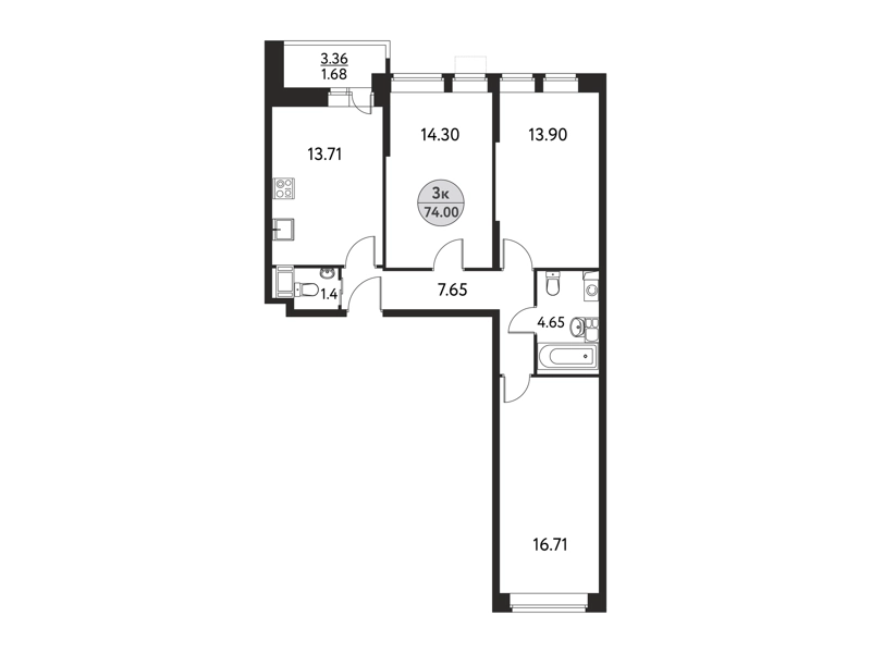 3-комнатная квартира 74 м² Дом на Сиреневой