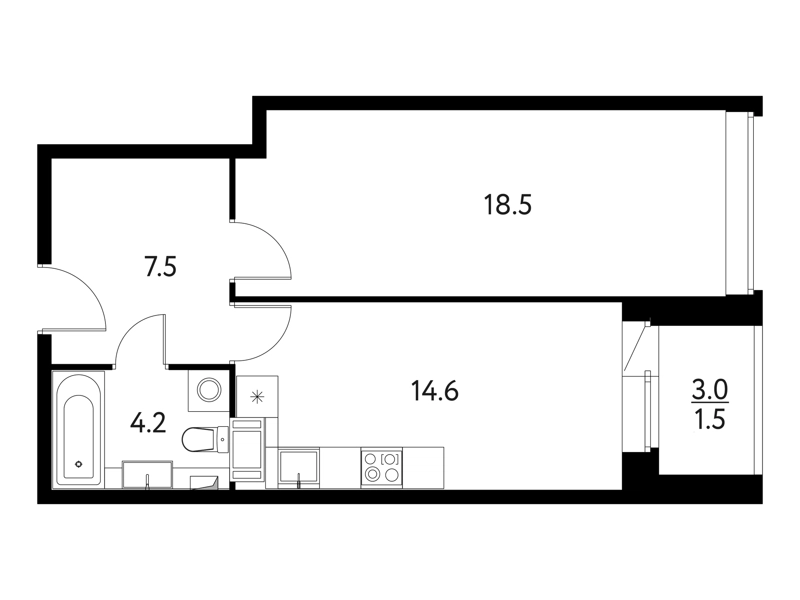 1-комнатная квартира 46.13 м² Солнечный Парк