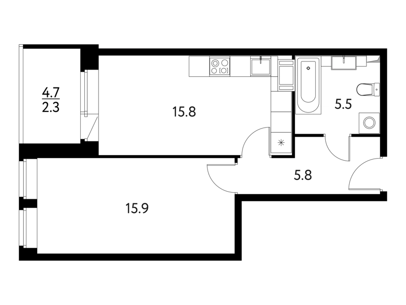 1-комнатная квартира 45.9 м² Солнечный Парк