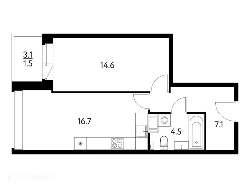 1-комнатная квартира 44.1 м² Солнечный Парк