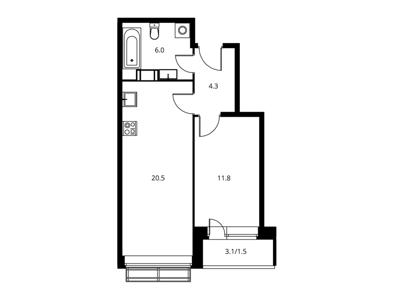 1-комнатная квартира 45.1 м² Солнечный Парк