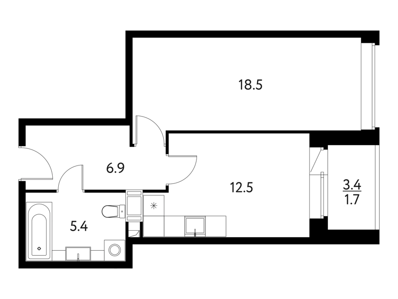 1-комнатная квартира 45.01 м² Солнечный Парк