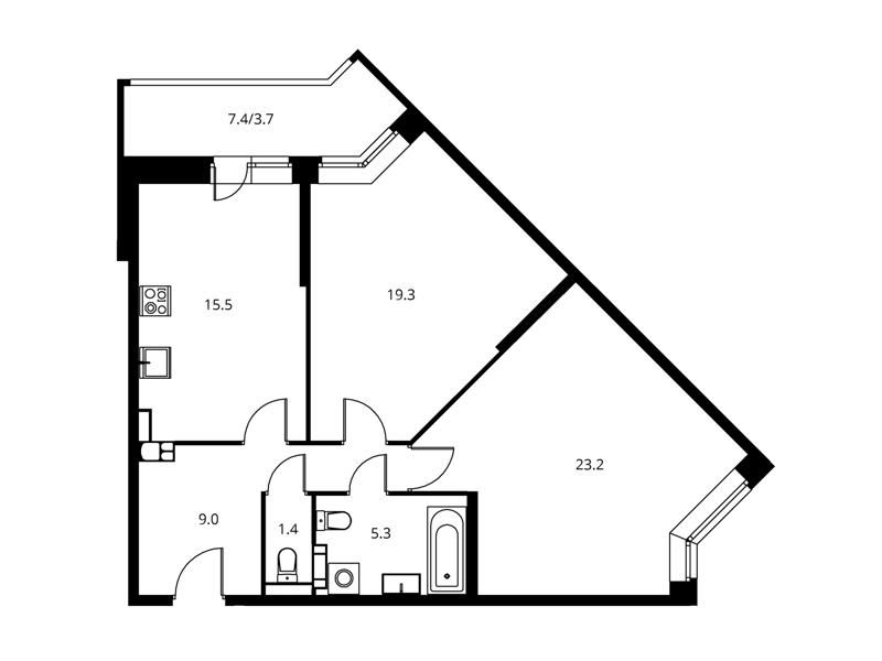 2-комнатная квартира 77.29 м² Солнечный Парк